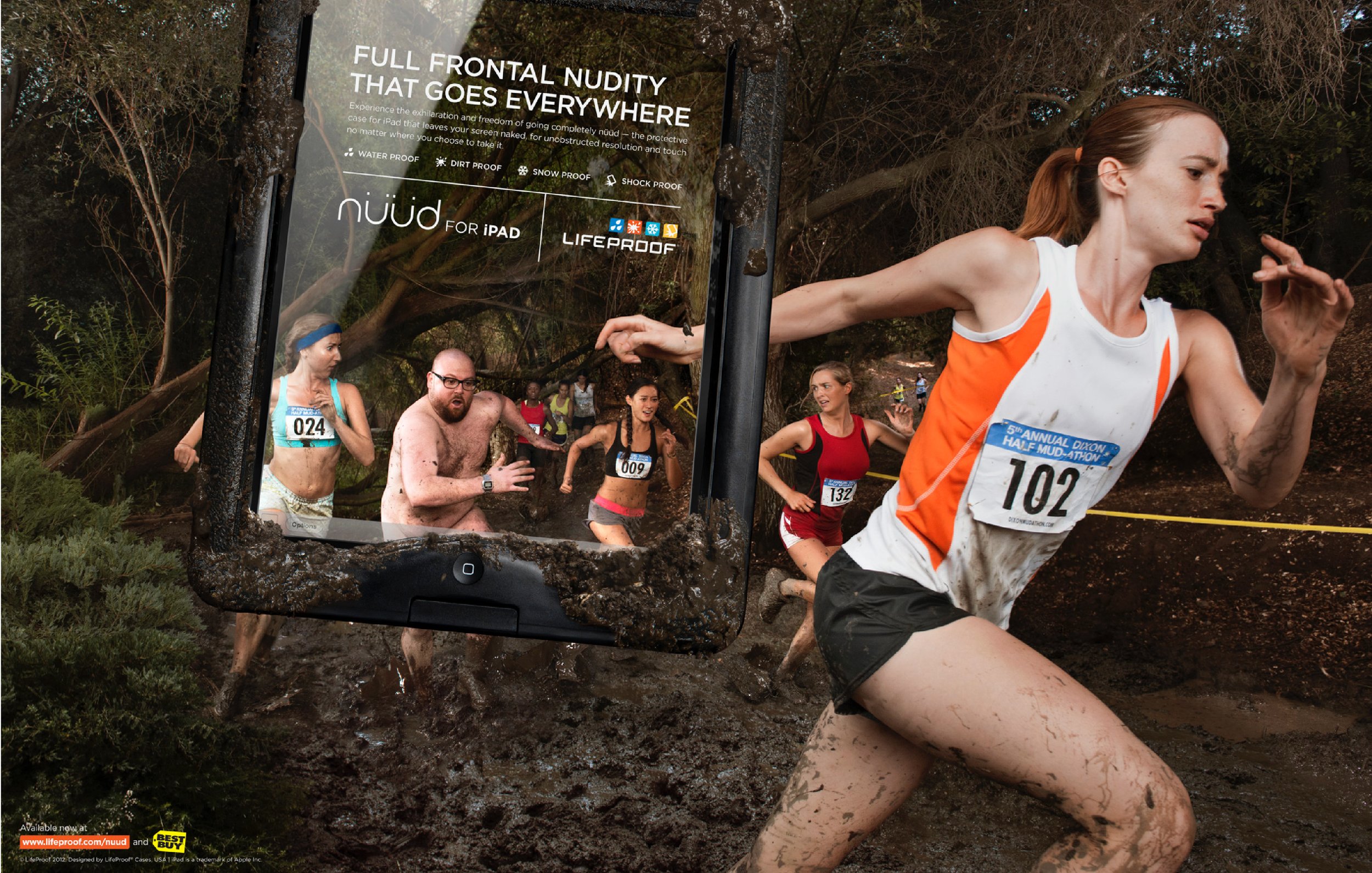 A group of runners participating in a muddy trail race, with one woman in the foreground wearing a white and orange sleeveless shirt and black shorts, running through mud. An iPad-mounted camera captures their struggle, advertising waterproof and mud