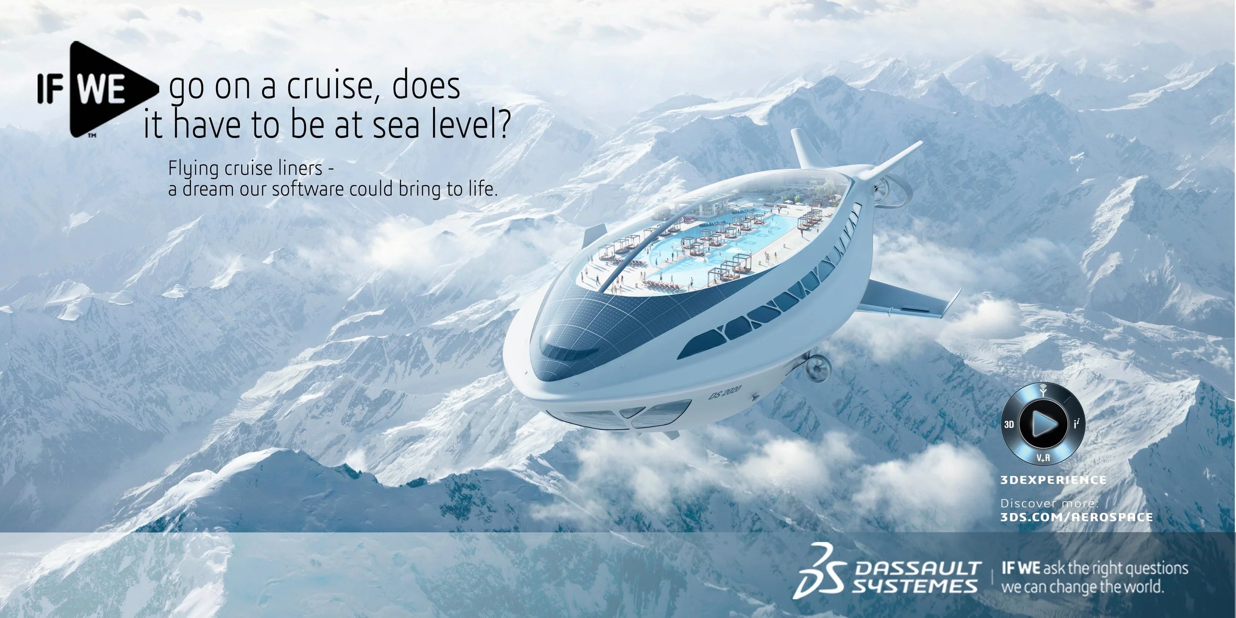 A futuristic flying cruise liner traveling above snowy mountain peaks with a glass-domed top that features a swimming pool and lounging area. The image promotes the idea of a cruise at sea level and mentions Dassault Systemes and 3DEXPERIENCE.