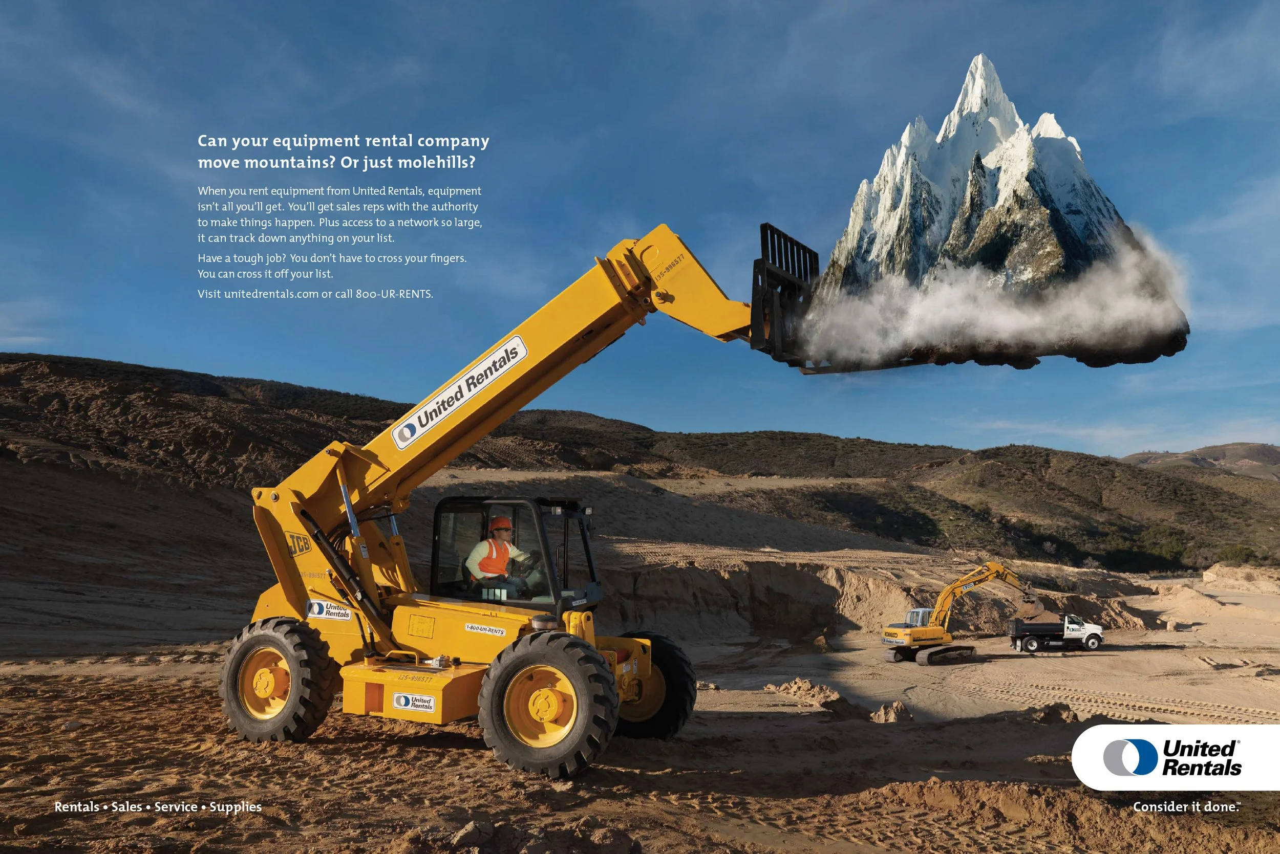 A construction site with two excavators, one lifting a mountain and clouds, under a blue sky, with a pickup truck in the background, advertisement for United Rentals promoting equipment rentals.