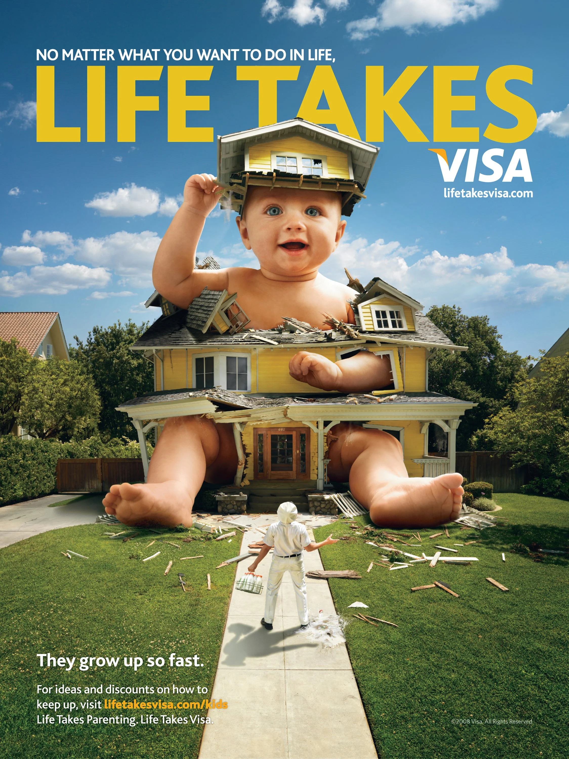 A giant baby sitting in a partially destroyed yellow house with a man approaching from a walkway, holding a bucket and gesturing. The house appears to be growing rapidly, with parts of it torn apart and laying on the lawn. The sky is blue with clouds