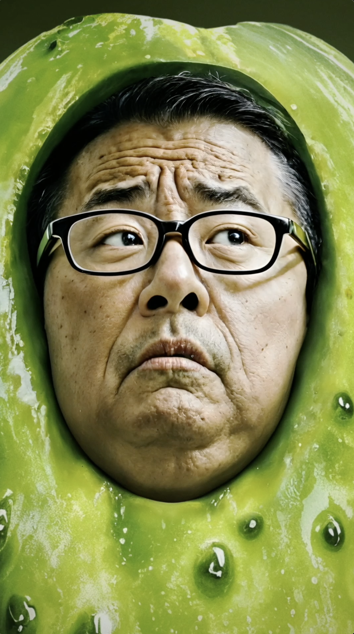 A person with glasses appears to have their face edited into the middle of a kiwi fruit, creating a humorous illusion.
