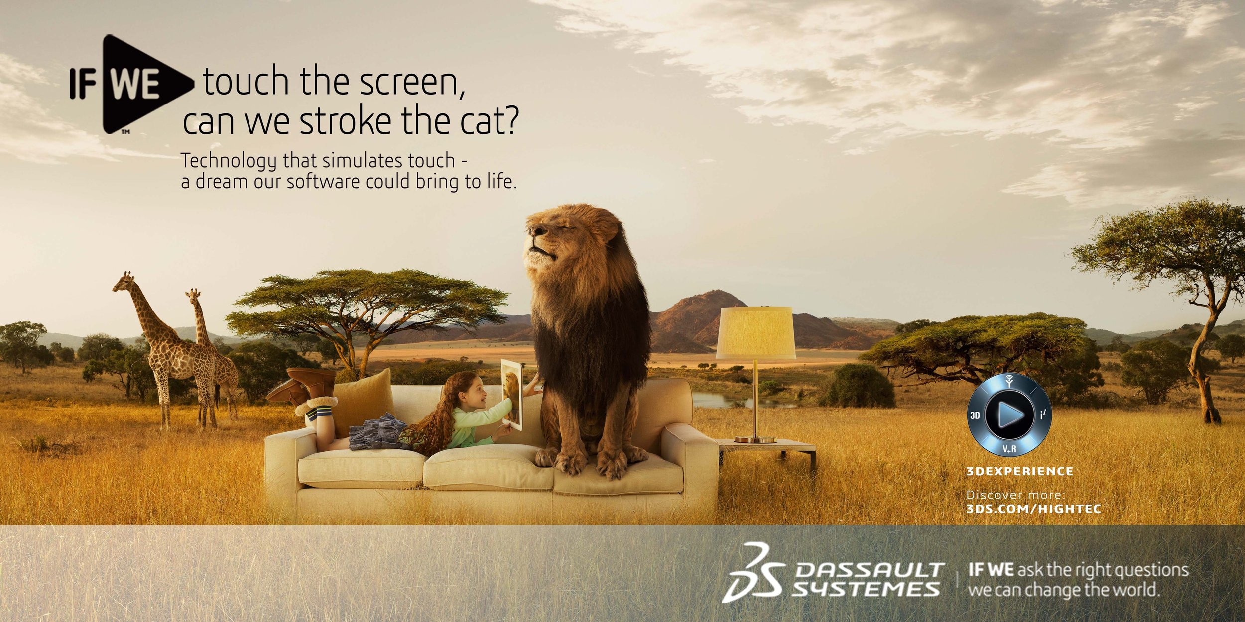 A young girl is lying on a couch in a savannah landscape with giraffes and trees, touching a tablet screen that appears to animate a lion's face, with the text 'IF WE touch the screen, can we stroke the cat?' and information about 3D experience techn
