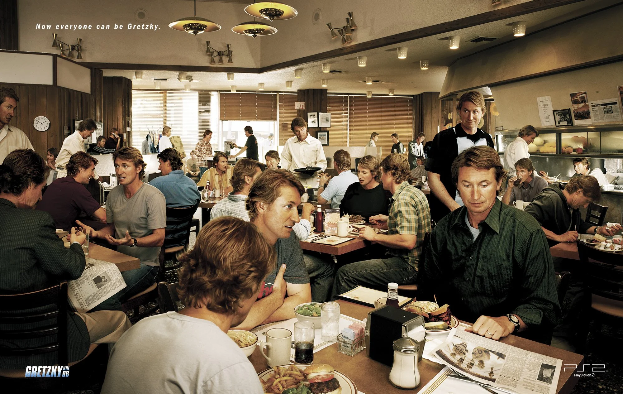 A busy 1950s-style diner or cafe with many patrons seated at tables, some engaged in conversations, enjoying meals such as burgers, fries, and salads. The interior features wood paneling, large windows, and vintage decor. Waitstaff serve food, and th