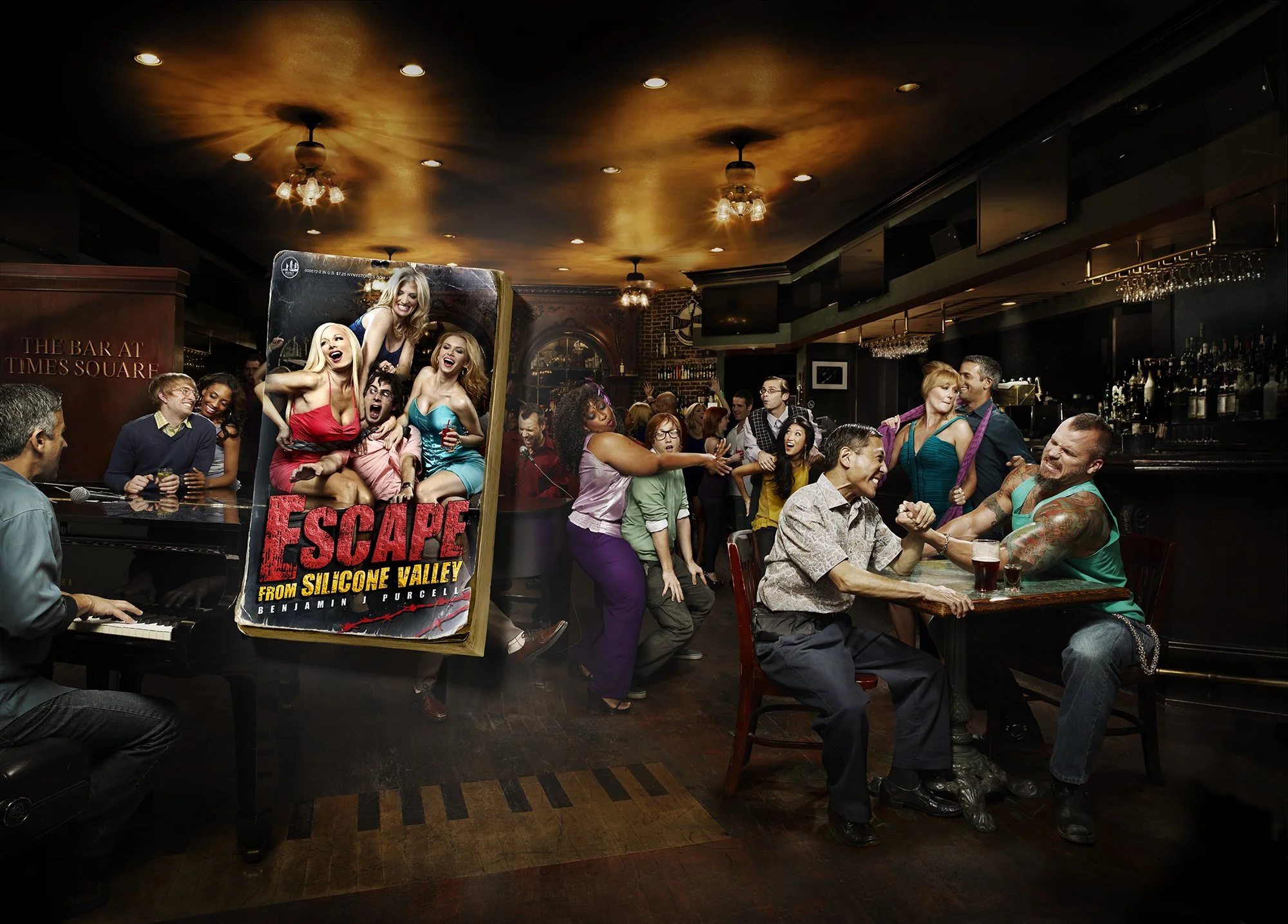 People dancing and socializing in a bar or pub, with a musician playing piano on the left and a promotional poster for a musical titled 'Escape from Silicone Valley' with images of women in colorful dresses.
