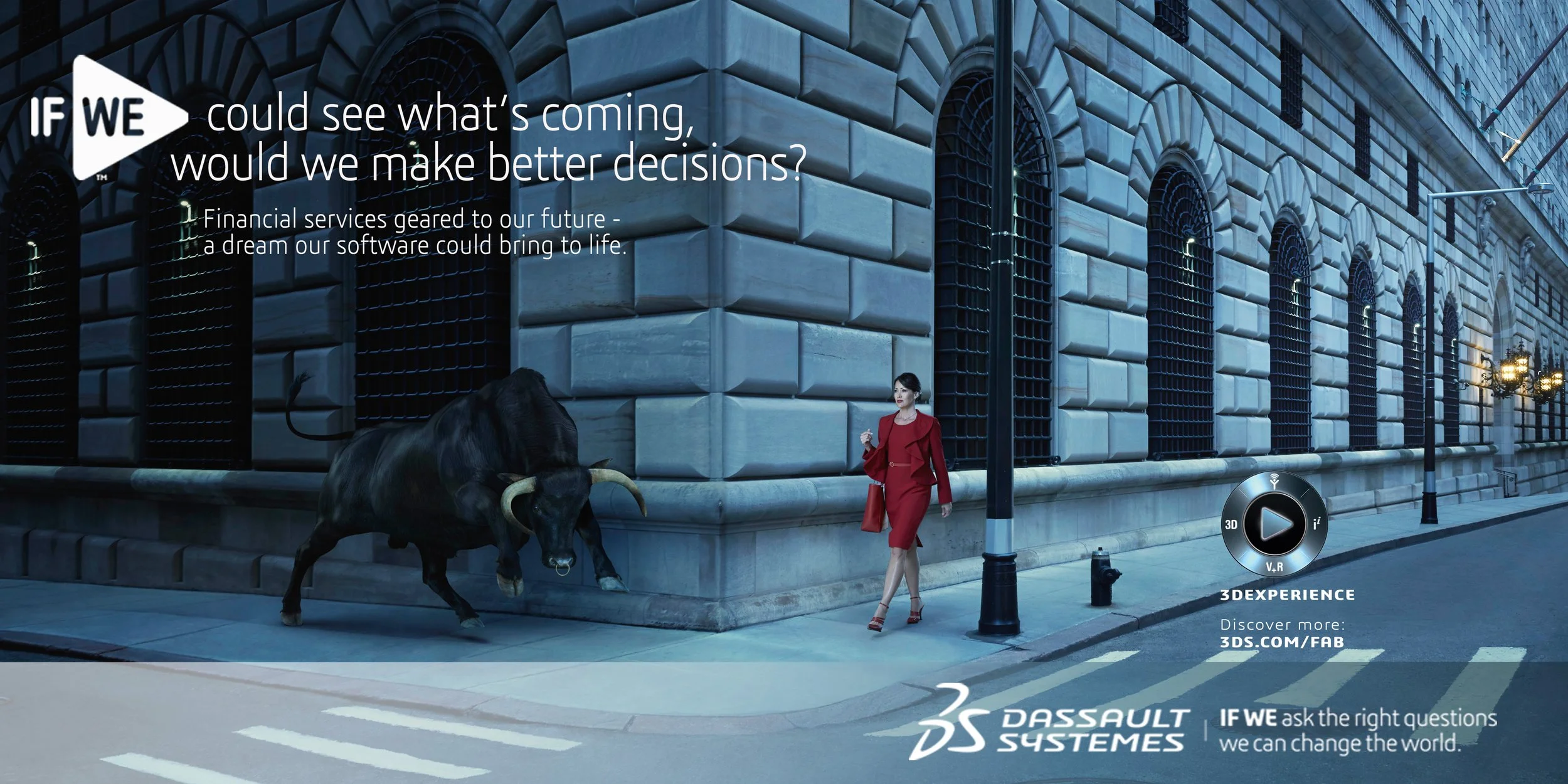 A woman in a red outfit walking past a large building with arched windows and a bull statue on the sidewalk. The image includes promotional text for 3DS DASAAULT SYSTEMS about future decision-making and technology, with a play button and website link