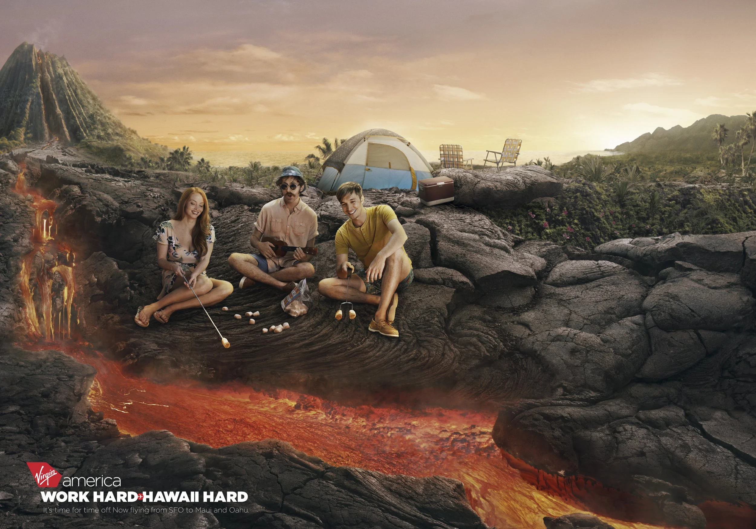 People camping and playing mini golf on volcanic rocks with lava flowing below, sunset in Hawaii with mountains and ocean in background.
