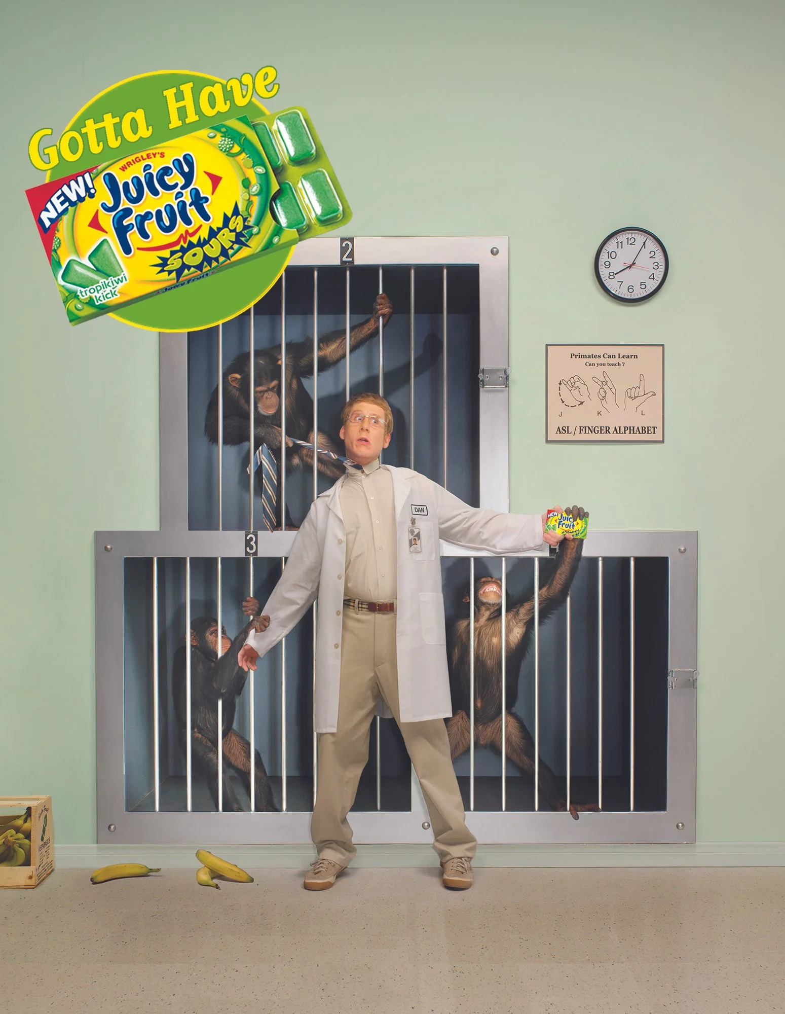 A man dressed as a scientist standing in front of jail cells with four chimpanzees inside, one holding a Juicy Fruit sour gum packet, with a poster about ASL and a clock on the wall.
