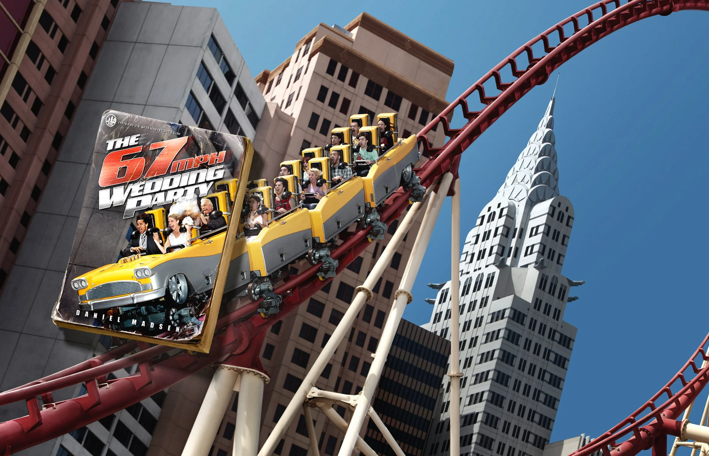 A roller coaster ride with an advertisement for 'The 67 mph Wedding Party' movie on the front car, flying high above city skyscrapers during daytime.