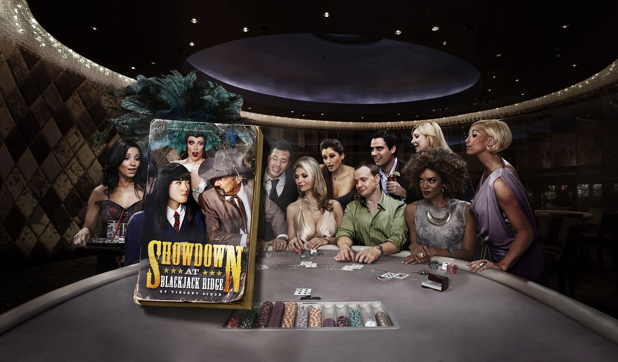 A group of people at a poker table in a casino with a zero waste promotional poster in the foreground.