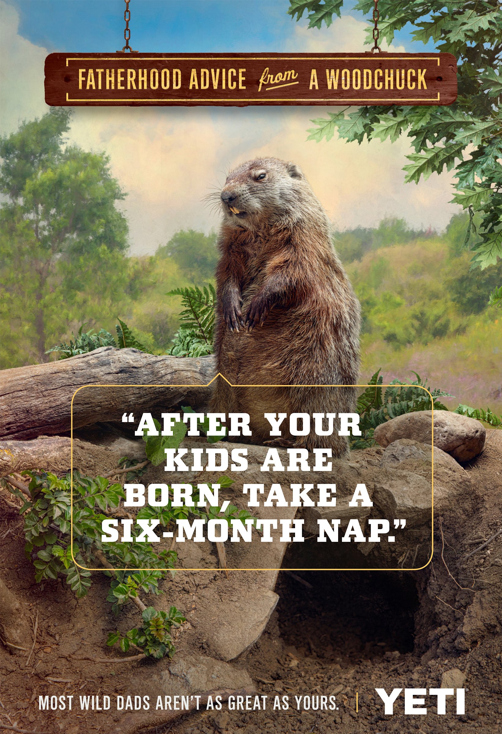 A groundhog standing on a rock, surrounded by plants and trees, with a quote about parenting from a woodchuck, and a YETI logo at the bottom.