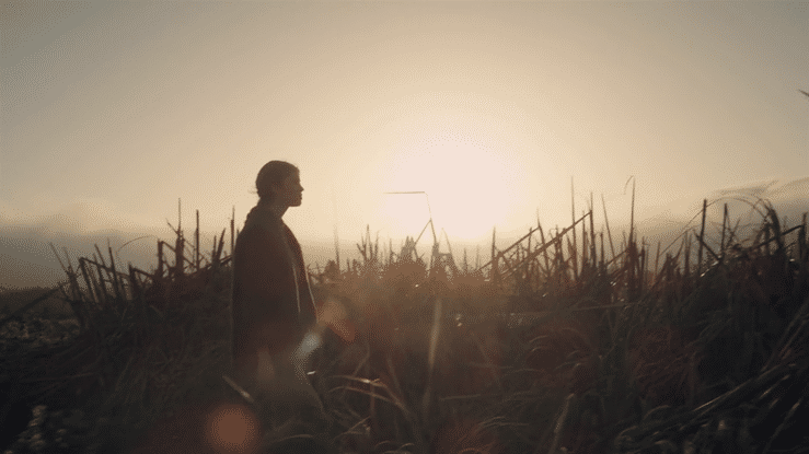 Silhouette of a person walking through tall grass or reeds at sunset or sunrise.