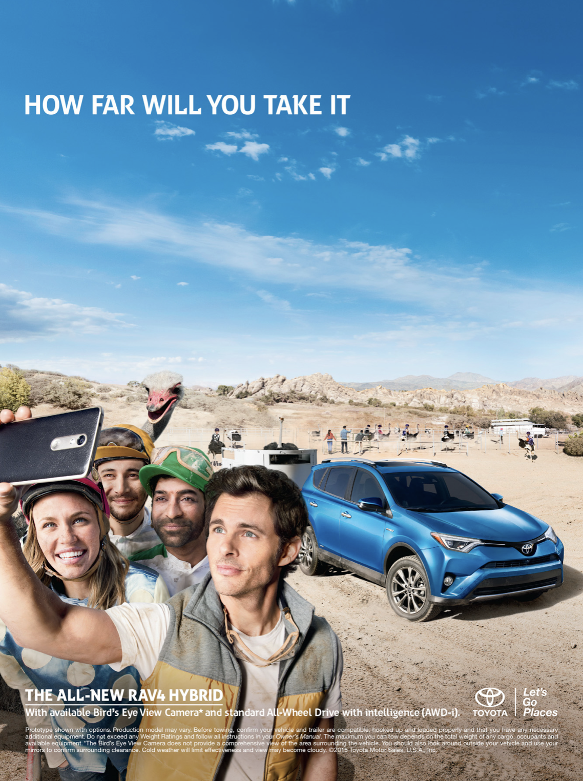 A group of five people taking a selfie in a desert with mountains and a blue Toyota RAV4 hybrid in the background. There is a person with a bird mask, and the sky is partly cloudy.
