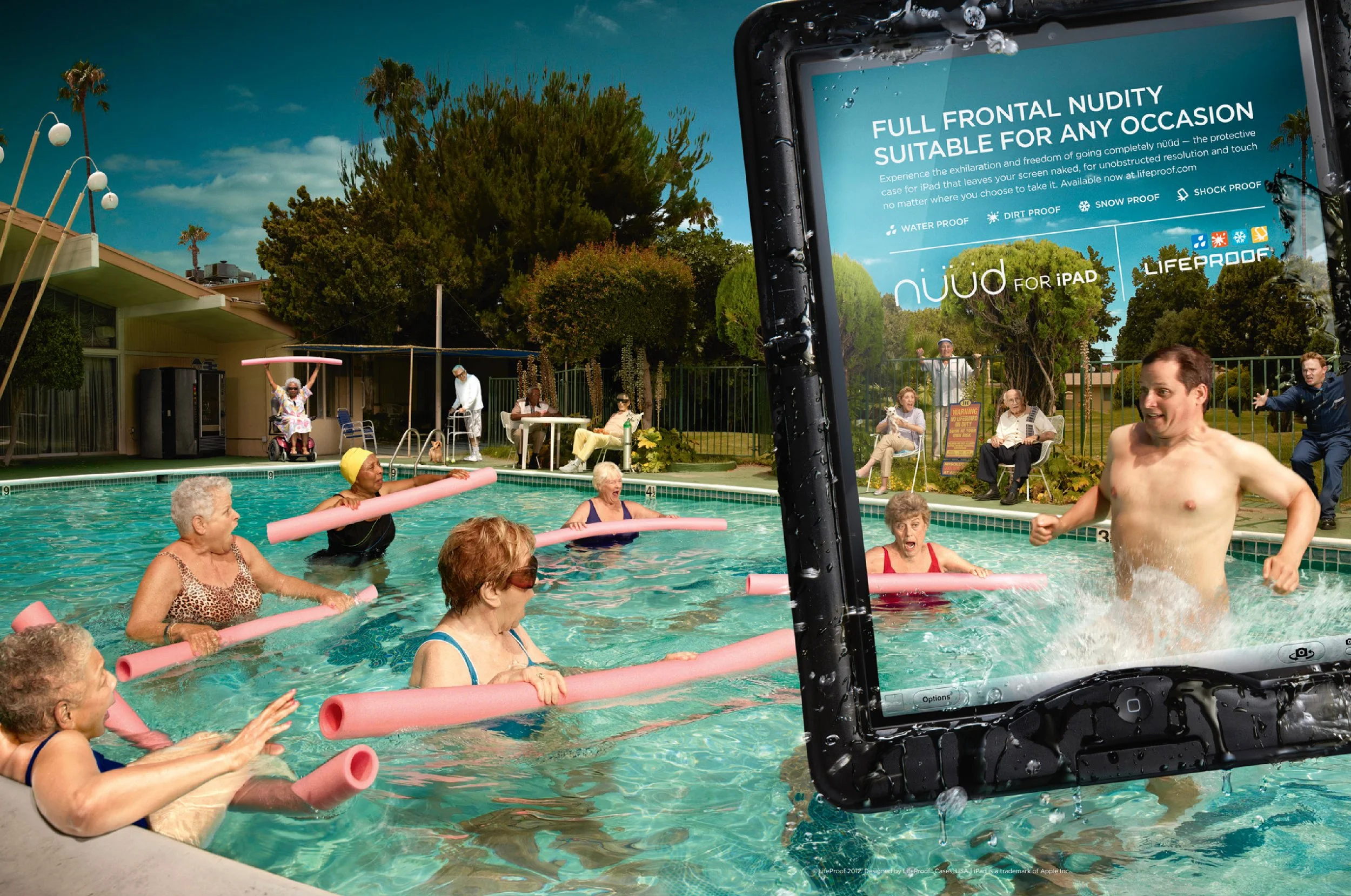 Elderly people participating in an outdoor water exercise class in a swimming pool, with a large waterproof iPad used for instruction.