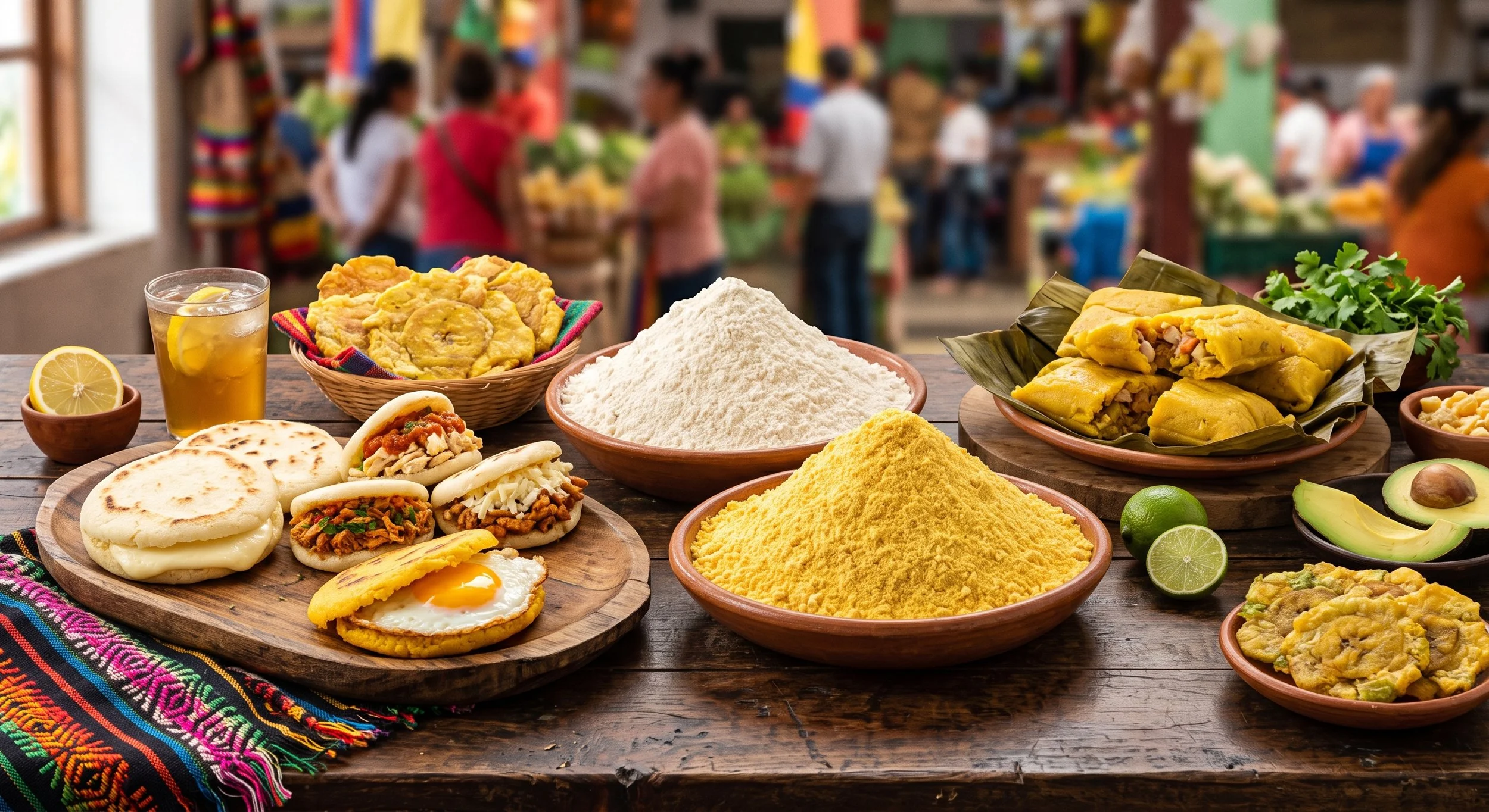 A served table full of delicious arepas, empanadas and other traditional colombian preps