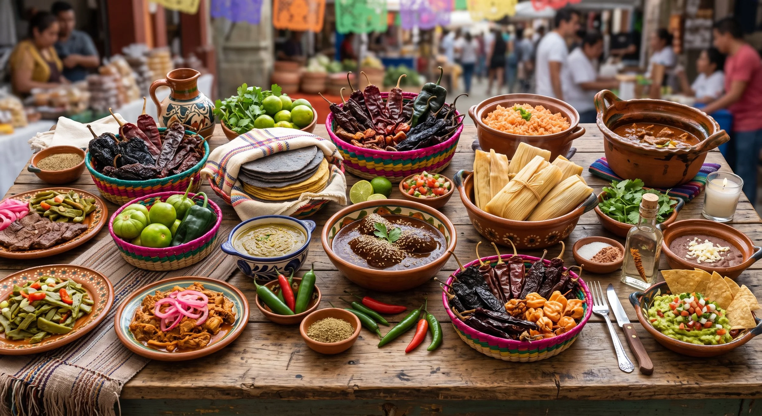 Table serve with Mexican ingredients full of colour and flavour