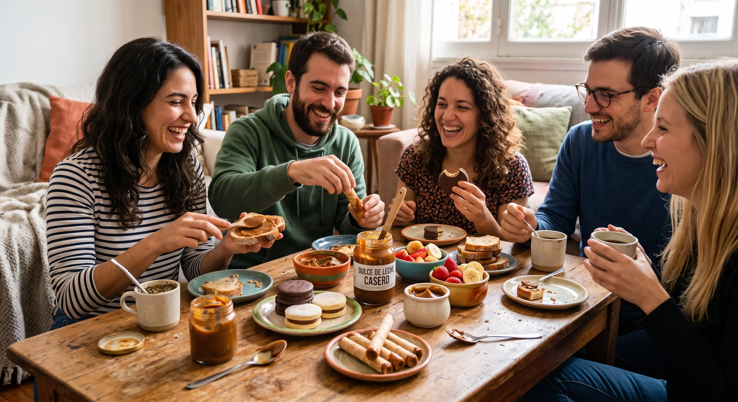 Friends Catch up sharing dulce de leche from home