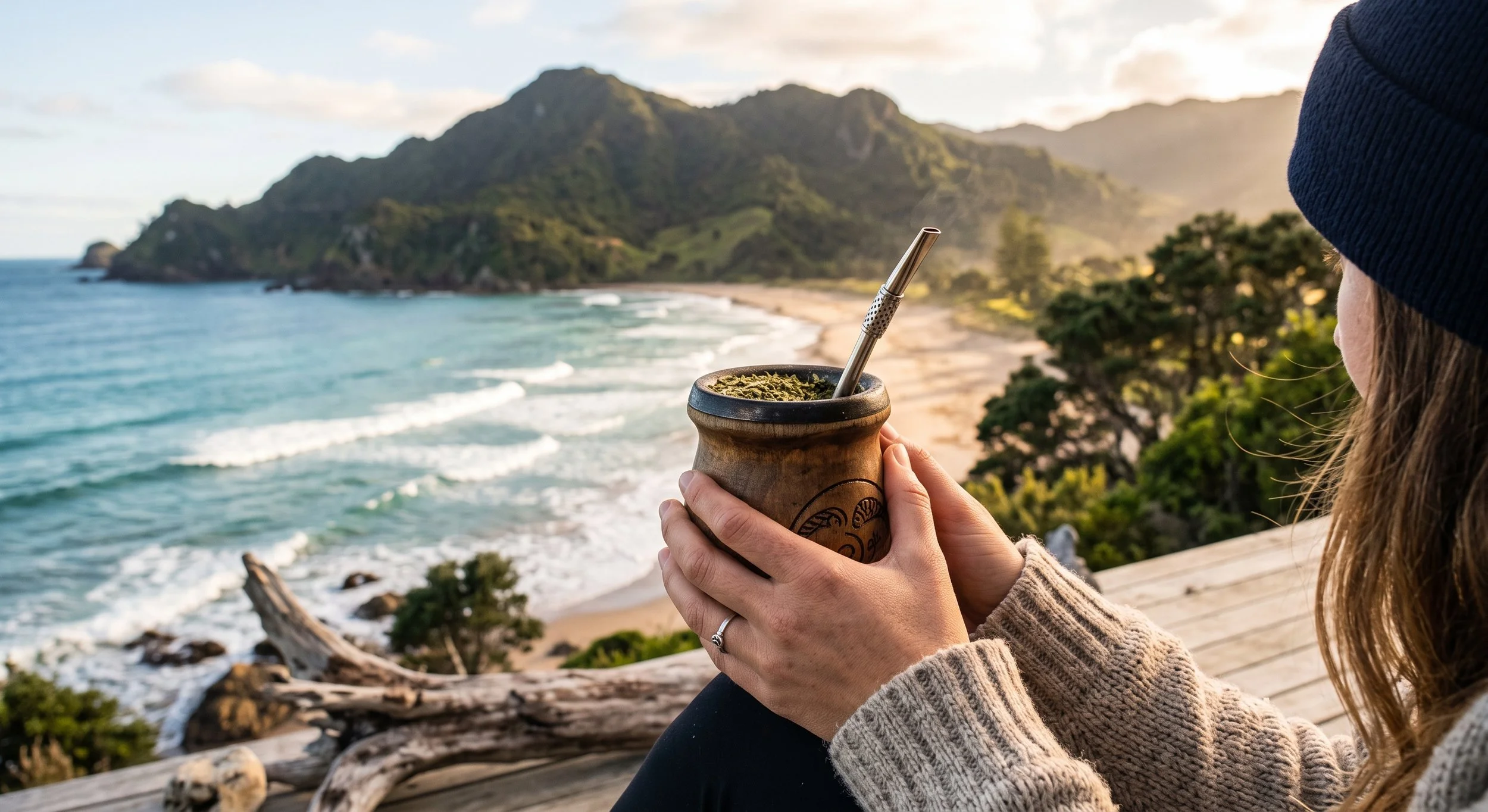 A lifestyle photo of hands holding a cozy yerba mate gourd outdoors against a beautiful beach and green mountain landscape in New Zealand, showing Yerba Mate culture in New Zealand.