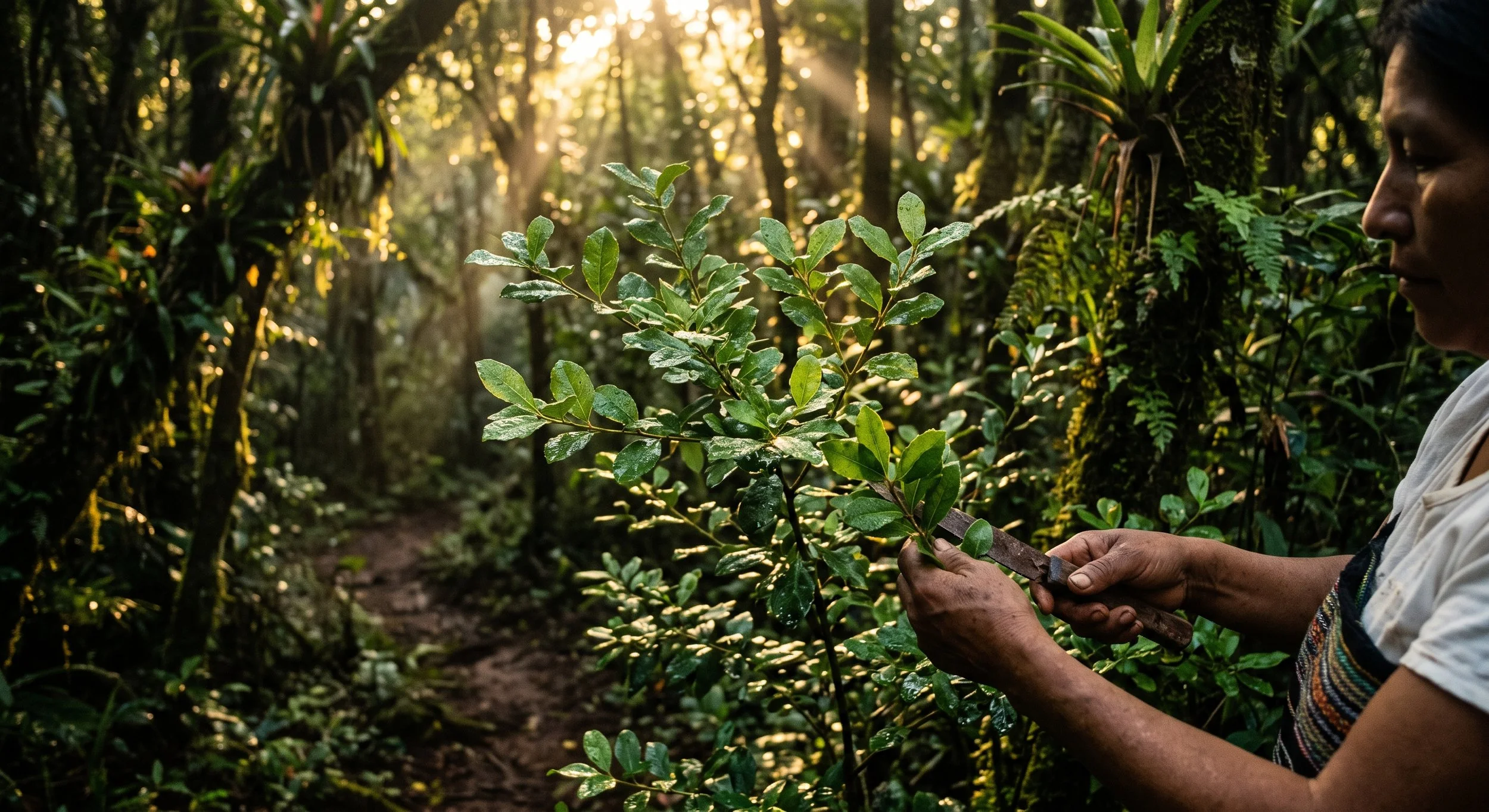 Wild green Yerba Mate leaves in a lush South American rainforest, golden sunlight filtering through the canopy, mystical and natural atmosphere