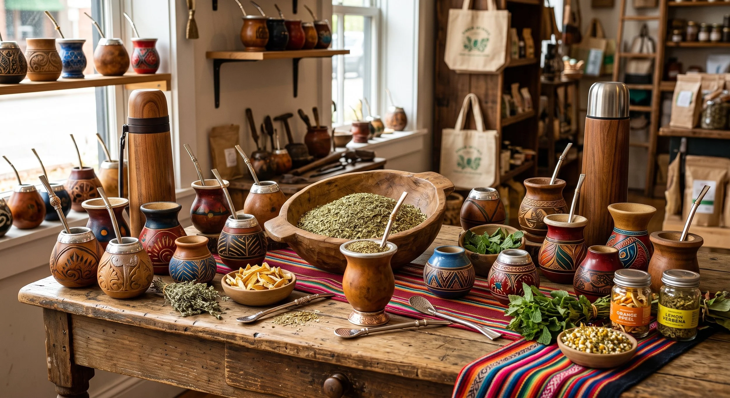 A table serving and showing yerba mate and gourds