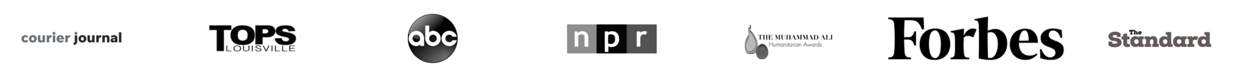 Logos of multiple media and news organizations, including Courier Journal, topS Louisville, ABC, NPR, The Muhammad Ali Humanitarian Awards, Forbes, and The Standard.