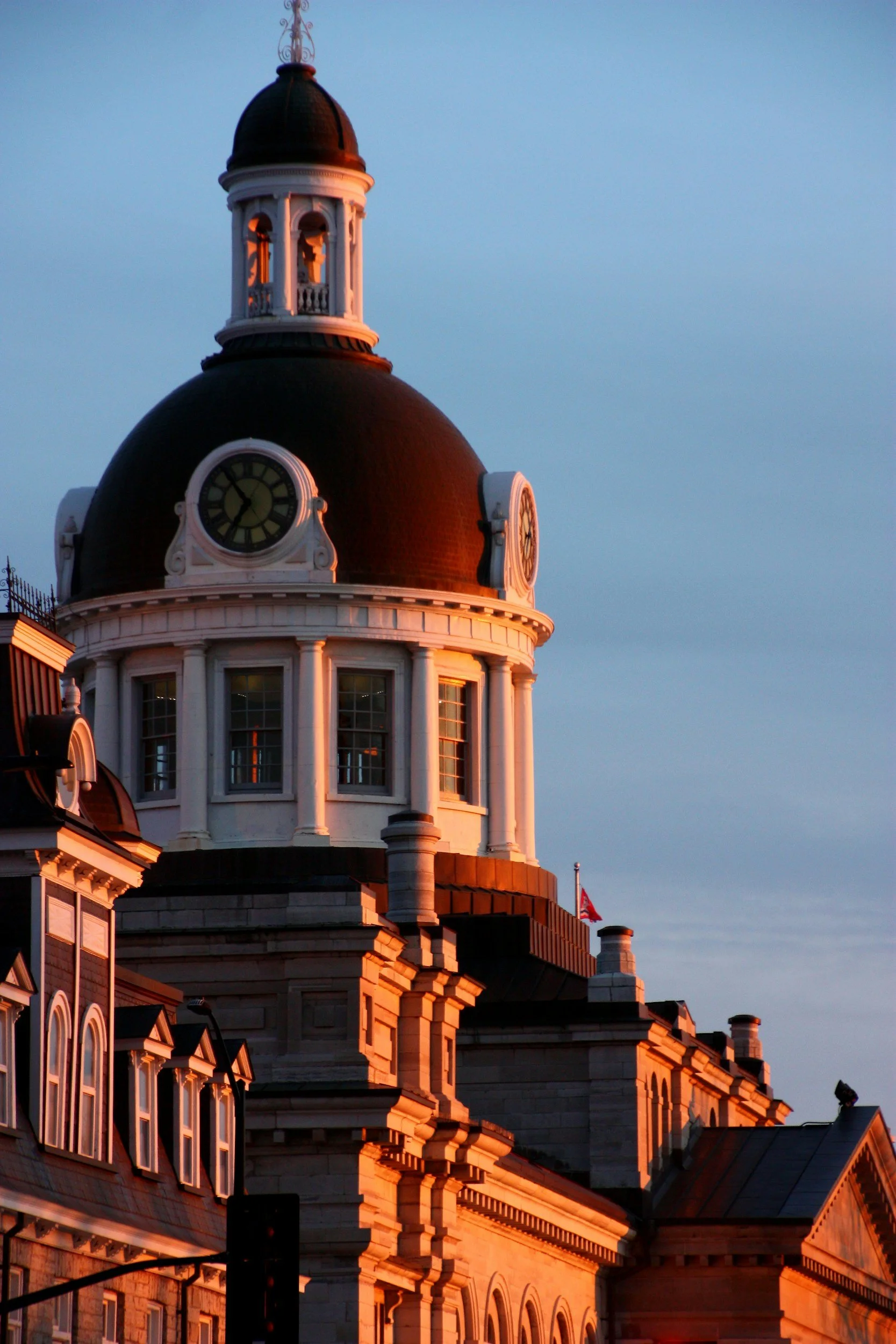 View of the clock tower at Kingston City Hall in Kingston, ON.