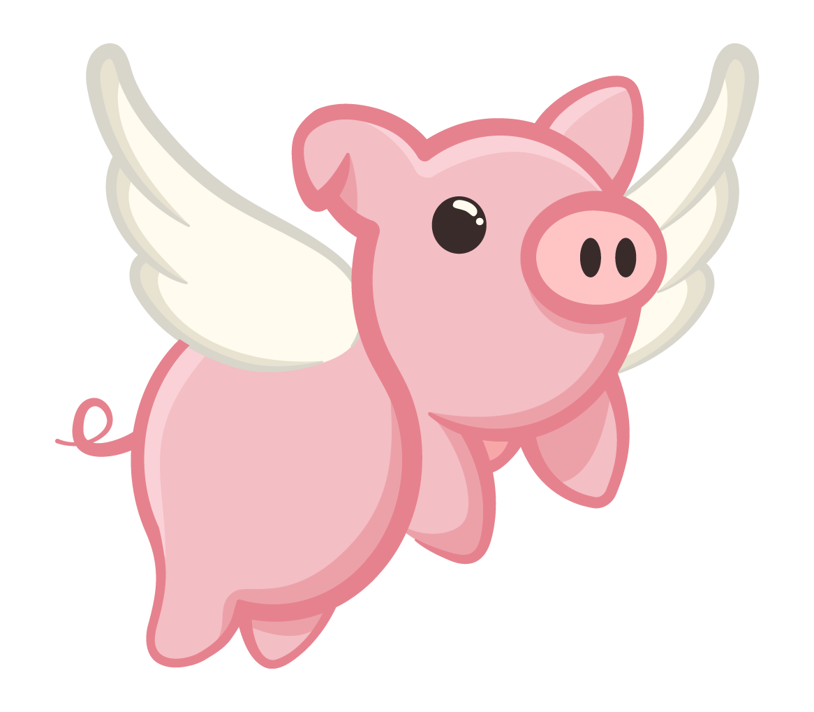 Cartoon mascot of a flying pig, made up of the infinity symbol.