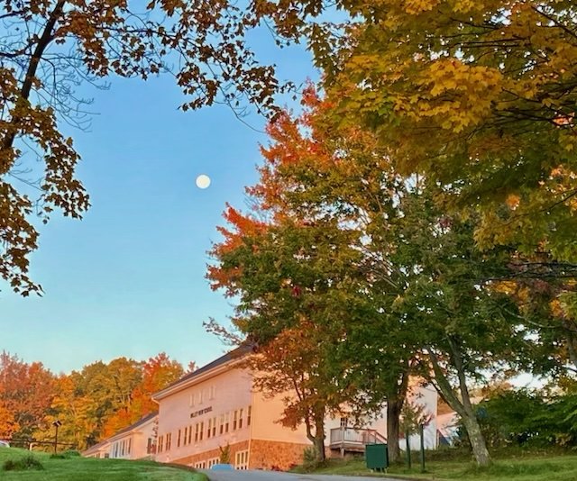 A daytime scene with a clear blue sky, showing the moon, surrounded by trees with green and orange autumn leaves, and a white building with a stone foundation.
