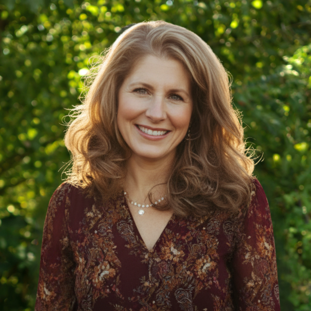 Portrait of a smiling woman with wavy light brown hair, wearing a dark floral blouse and a pearl necklace, standing outdoors with green foliage in the background.