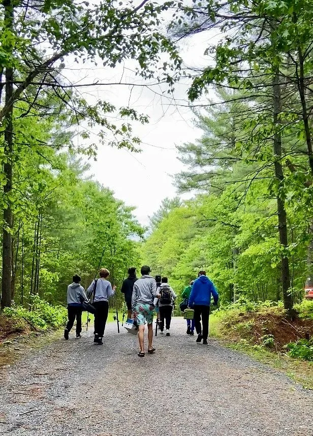A group of people walking on a wooded trail surrounded by green trees.