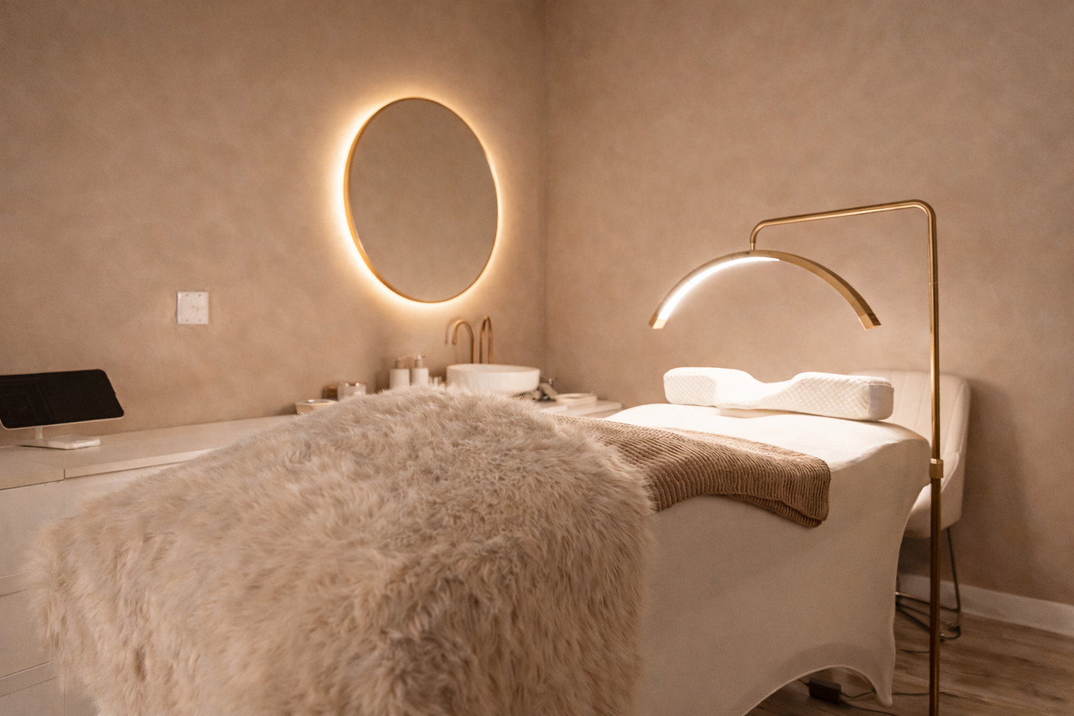 Clean, minimalist lash studio in South Jordan, Utah, featuring warm lighting, neutral tones, a spotless workstation, and a refined, elegant aesthetic.