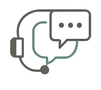 Icon of a speech bubble with a headset, representing customer support or communication.