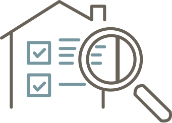 A house with a house-shaped document or checklist and a magnifying glass inspecting the checklist, symbolizing home inspection or property review.