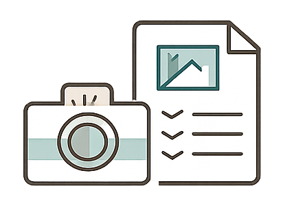 Illustration of a camera, a document with a graph, and a smaller document with checkmarks, representing photography and data analysis.