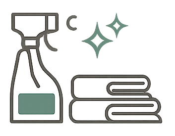 A transparent soap dispenser with liquid soap and three folded white towels.