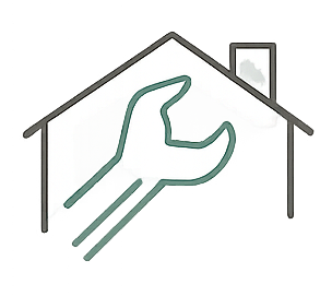 The image shows the inside view of a house under construction with large wrench tools suspended in the air, symbolizing maintenance or repair work.