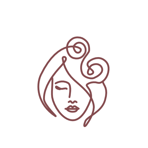 Line drawing of a woman's face with closed eyes and wavy hair on a transparent background.