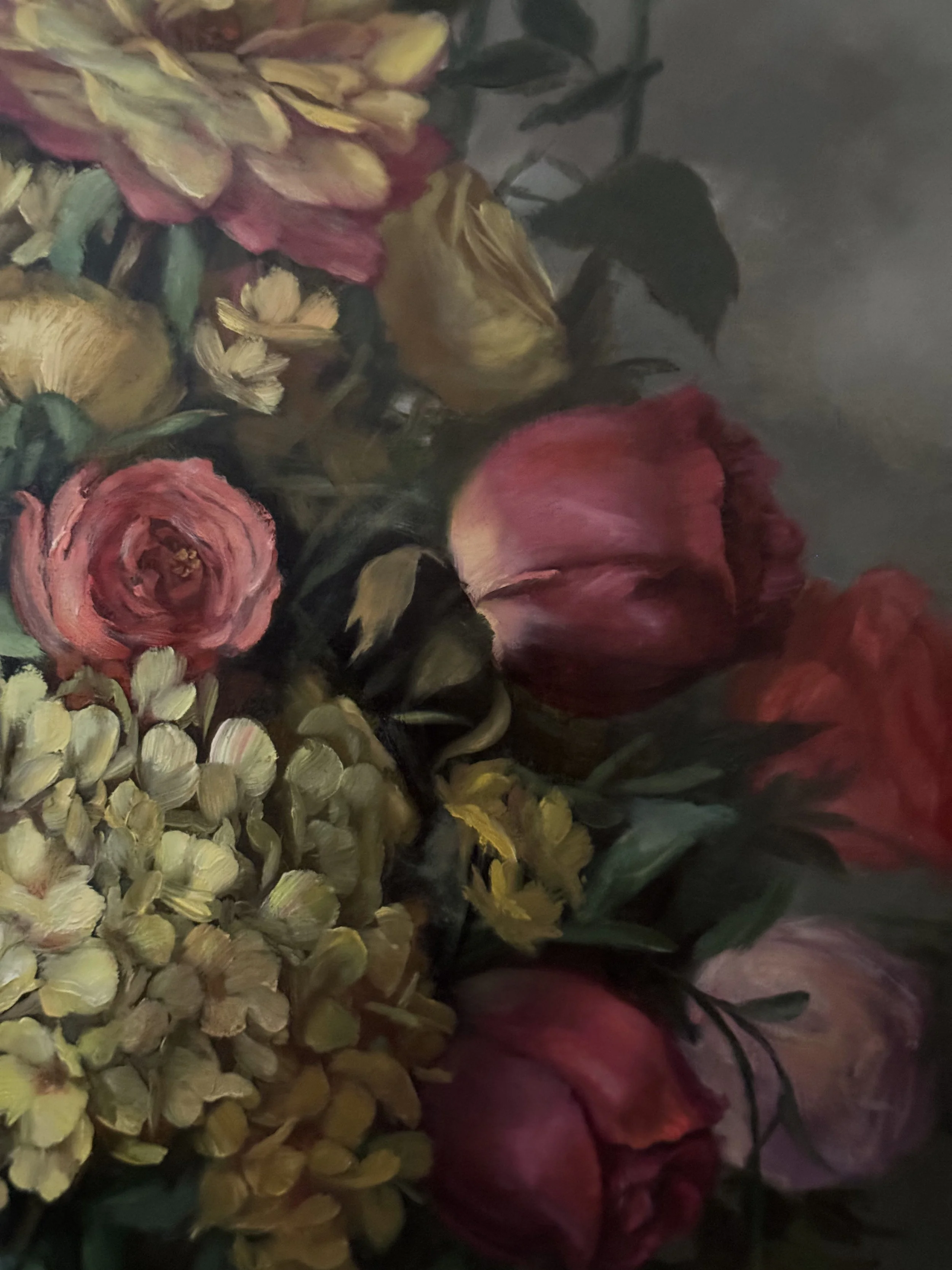 Mary Kay West, Still Life with Flowers and Three Blue Eggs, Oil on Panel