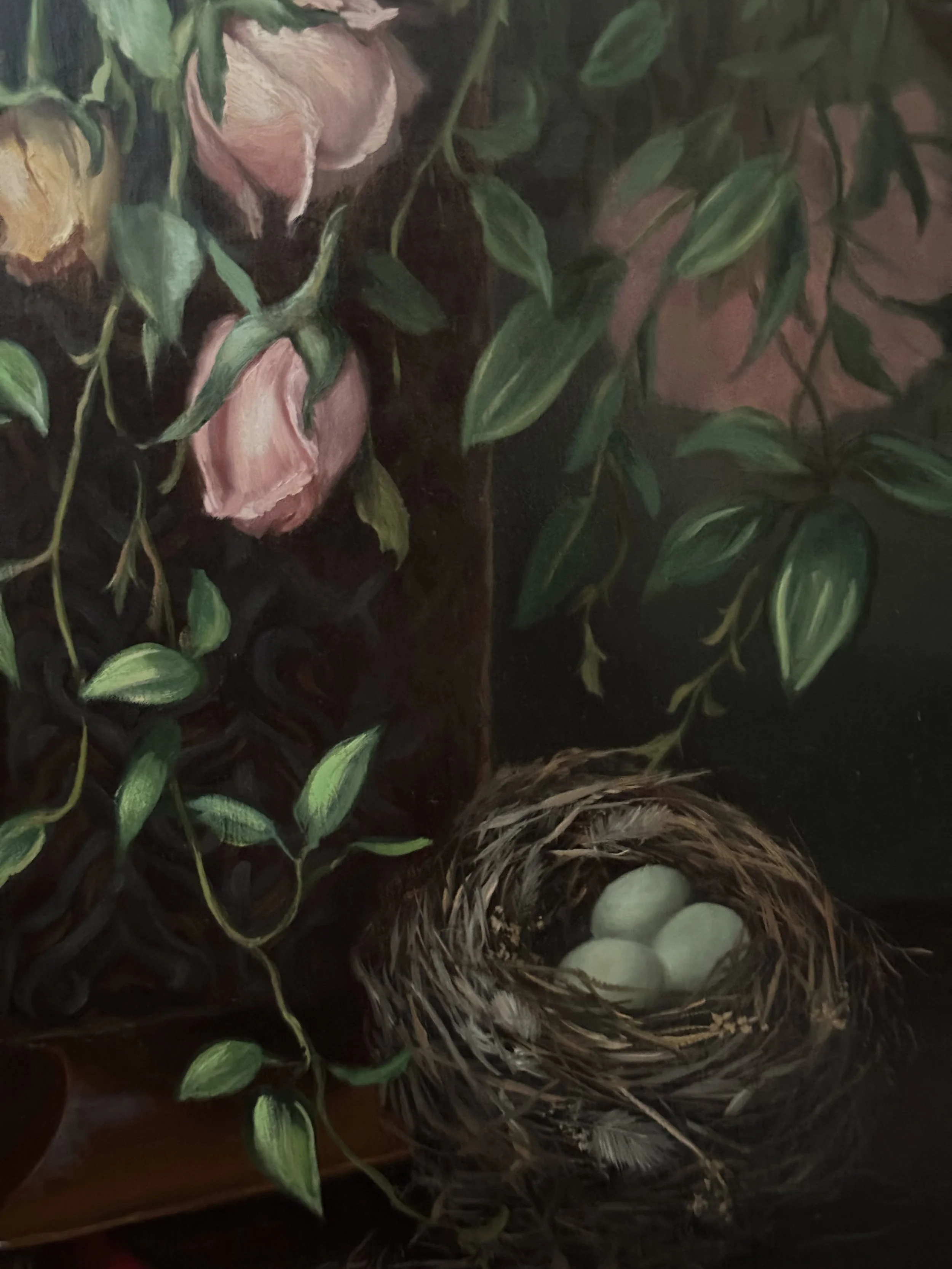 Mary Kay West, Still Life with Flowers and Three Blue Eggs, Oil on Panel