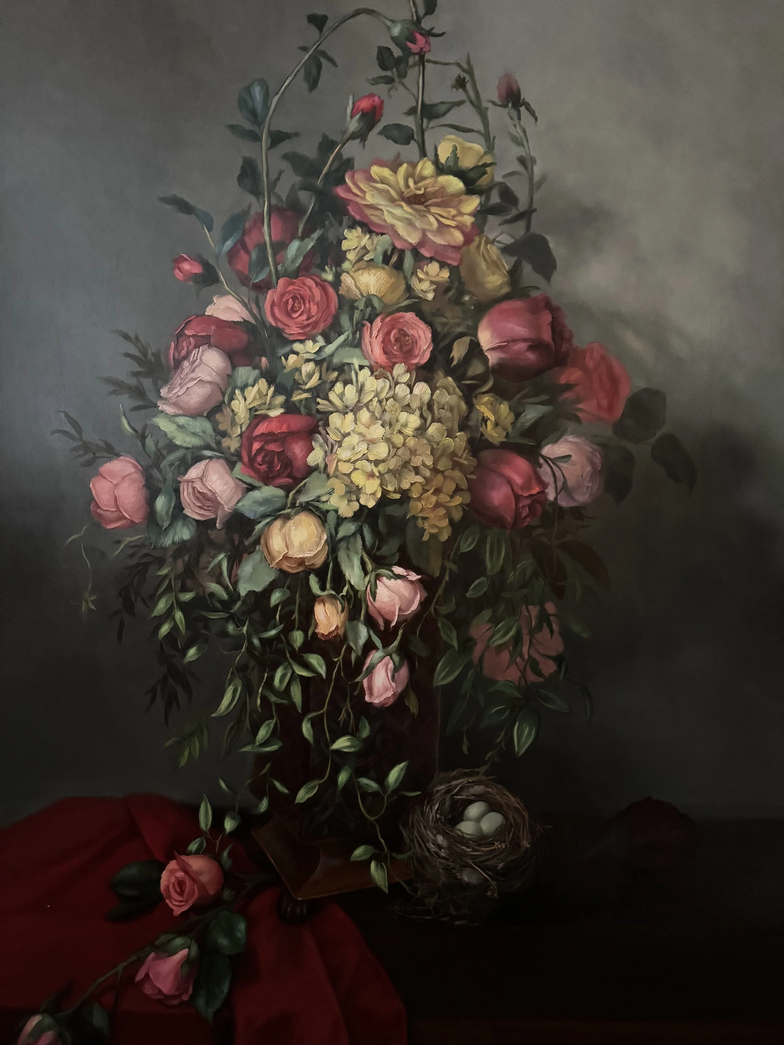 Mary Kay West, Still Life with Flowers and Three Blue Eggs, Oil on Panel