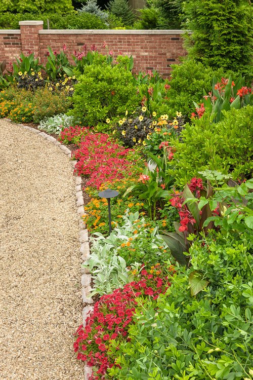 Colorful garden with various plants, flowers, and shrubs along a curved gravel pathway, bordered by a brick wall and lush greenery.