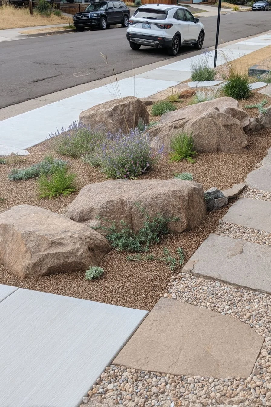 A landscaped front yard with large rocks, small shrubs, and purple flowering plants, adjacent to a concrete sidewalk and street with parked cars.