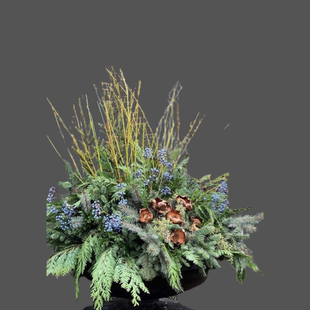 A floral arrangement with green foliage, purple berries, dried brown seed pods, and tall dried yellowish grass against a dark gray background.