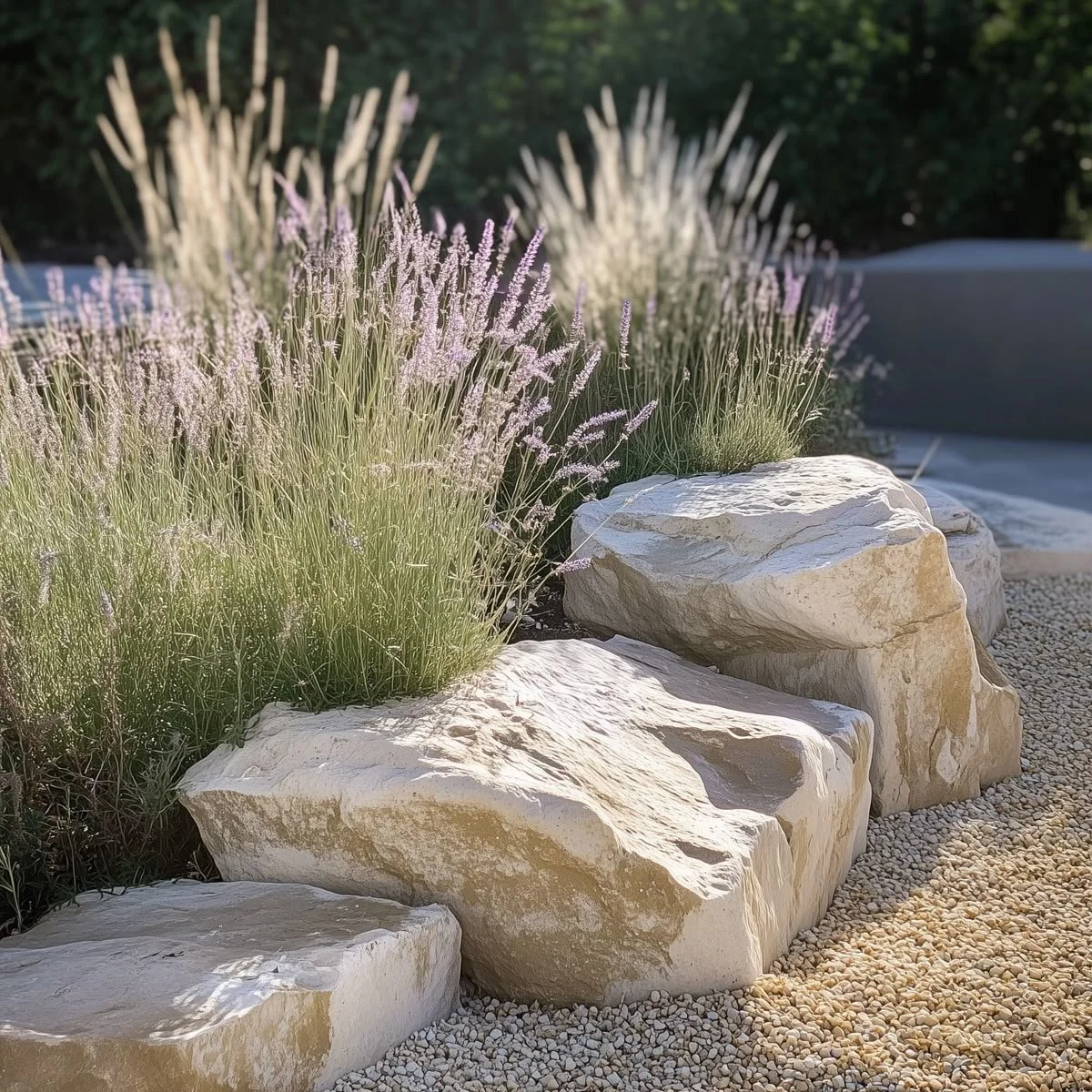 Garden arrangement with white rocks, purple lavender plants, and small white pebbles underneath, with a blurred background of outdoor furniture and greenery.