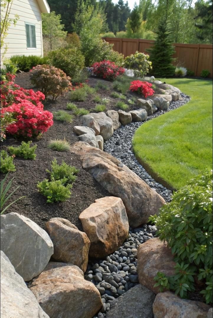 A landscaped backyard garden with a curved bed of pink flowering plants, small bushes, and ornamental shrubs surrounded by large rocks. A narrow black pebble pathway separates the garden bed from a lush green lawn, with a wooden fence and a house in 
