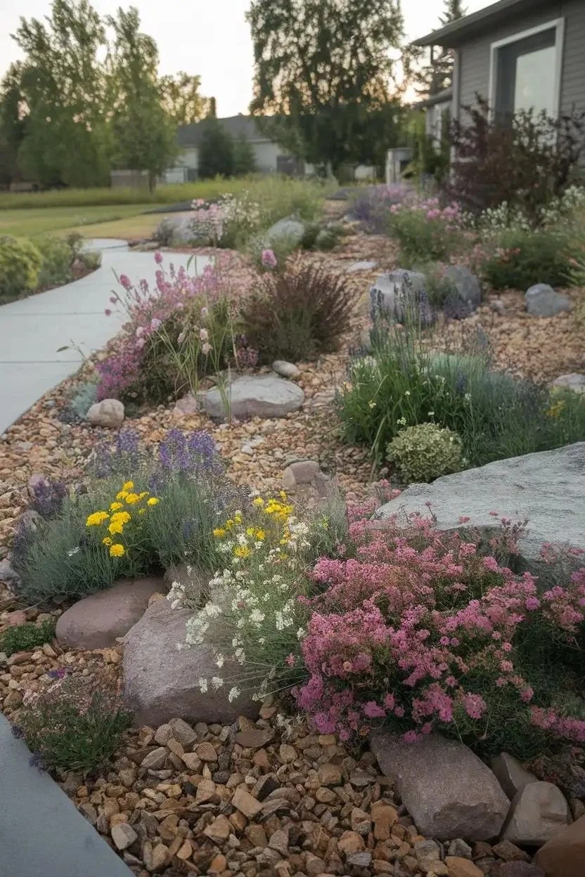 View of a landscaped garden with a curved sidewalk, various flowering plants, shrubs, and rocks, with a house and trees in the background during sunset.