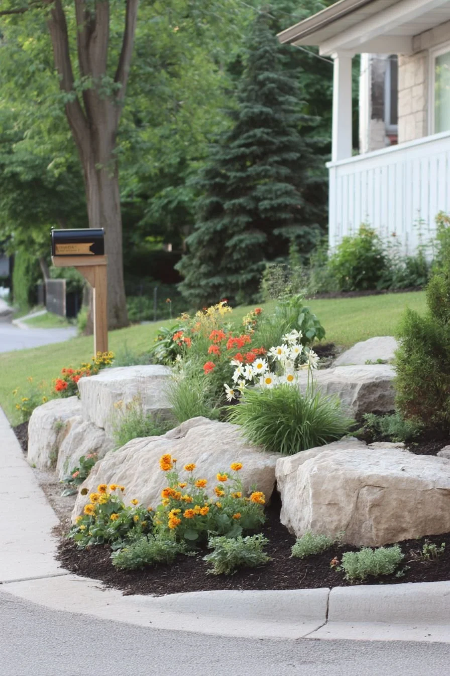 Front yard garden with large white rocks, colorful flowers, small green shrubs, beside a sidewalk, with a house and trees in the background.