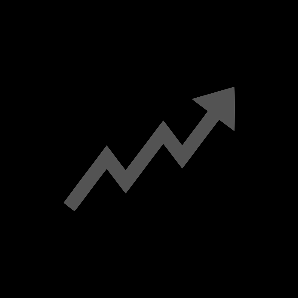 Black background with a large gray upward trending arrow graph.