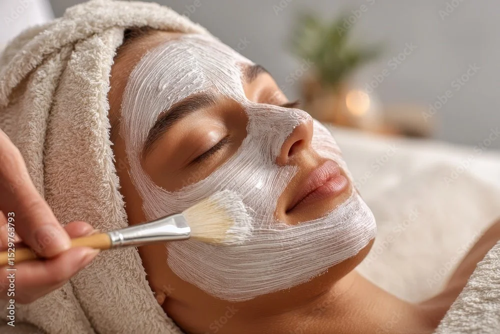 A woman getting a facial mask applied with a brush while lying down with her eyes closed.