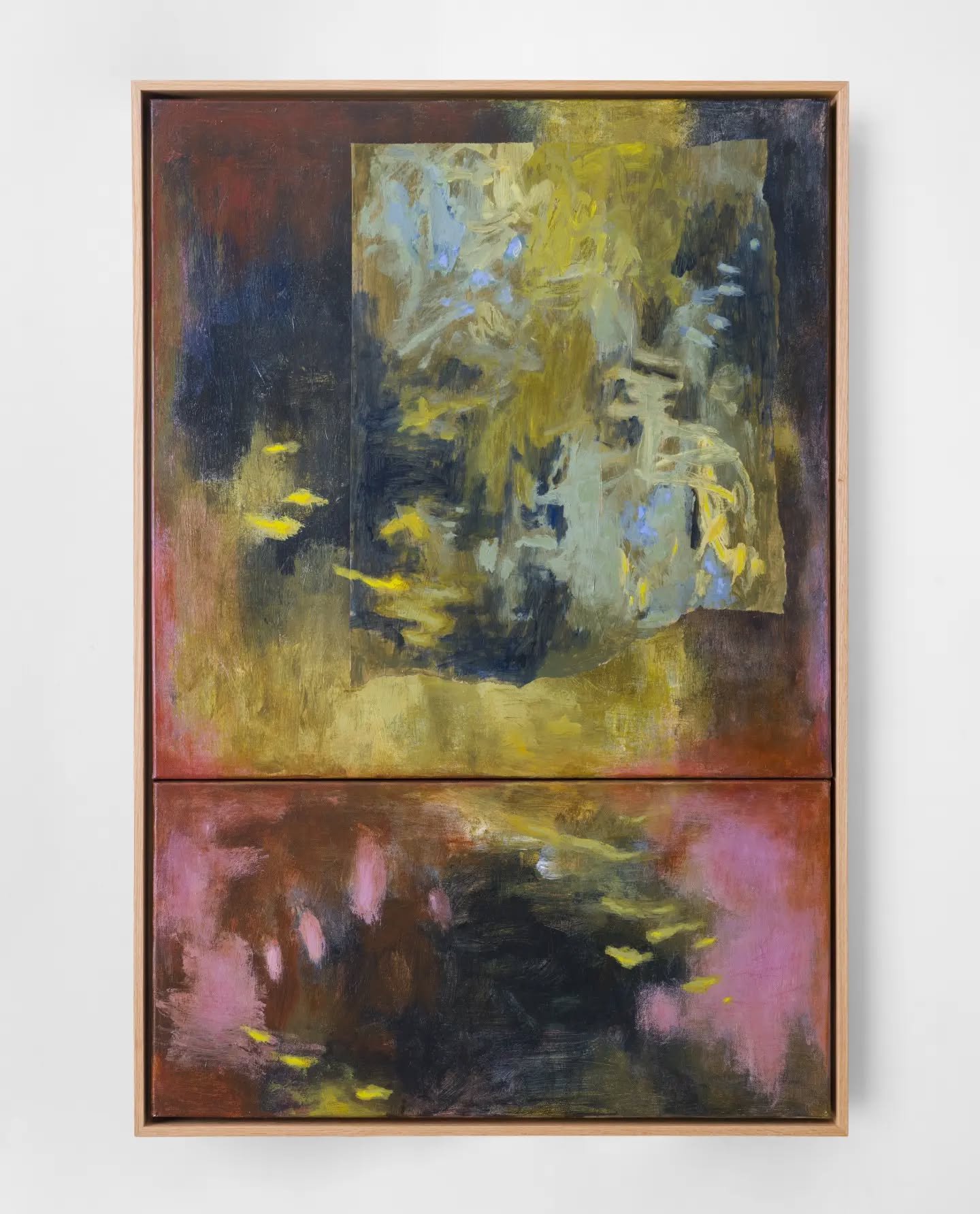 'Where the river keeps her secrets'
Acrylic, paper collage and oil pastel on canvas
91.5 &times; 61 cm

This work has had many secret lives, many layers of paint in its history, some of those still visible if you look really closely.

The large piece