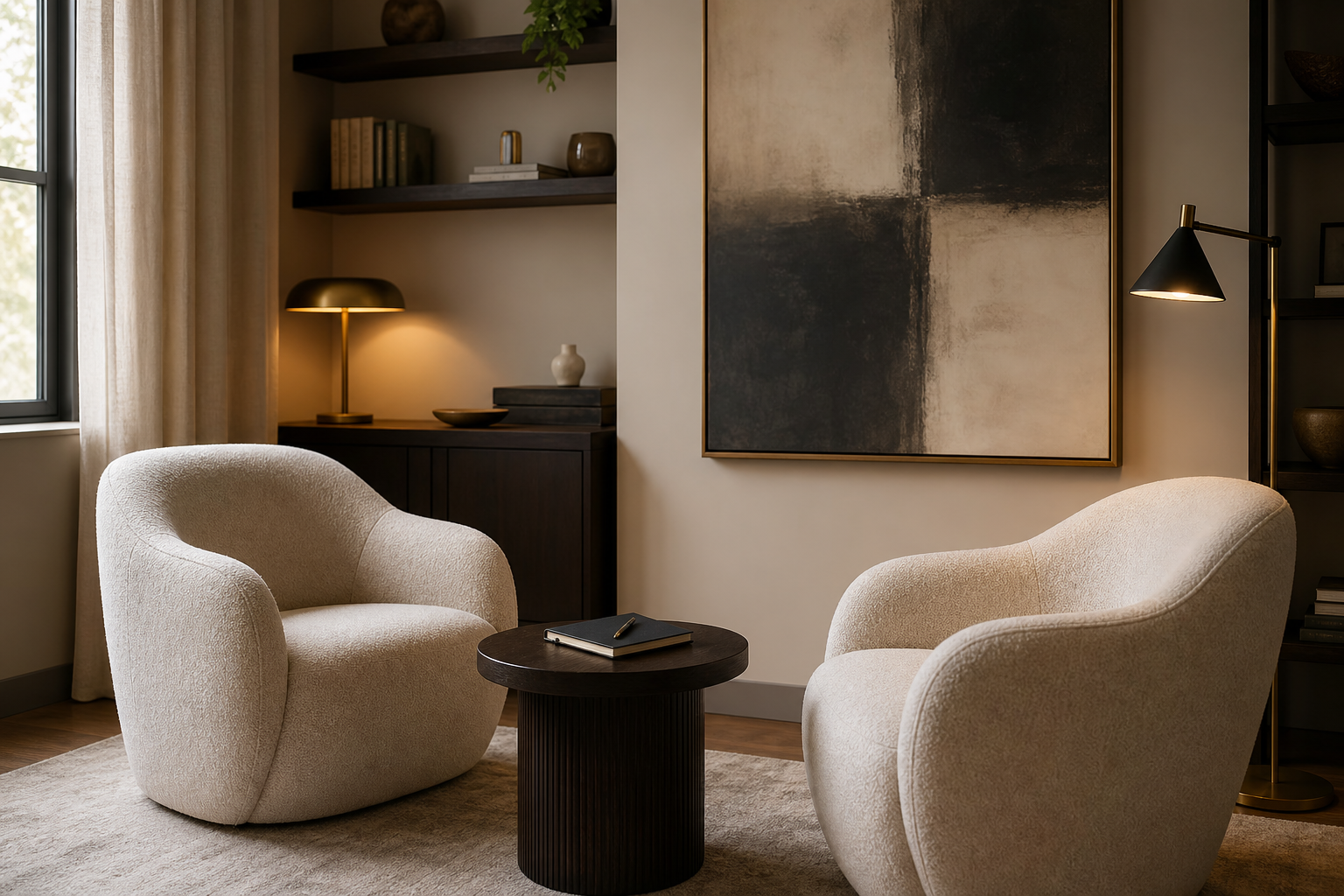 Two chairs arranged for conversation in a warm therapy office